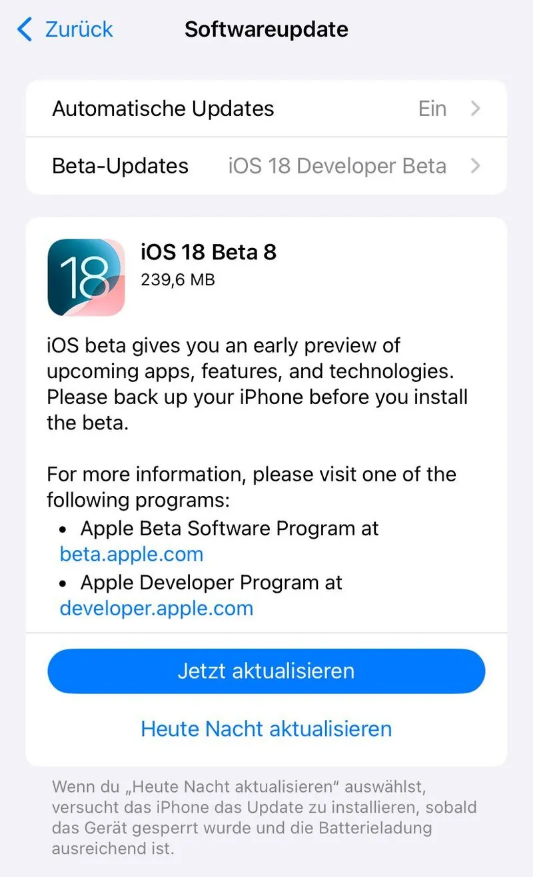 梨林镇苹果手机维修分享苹果 iOS / iPadOS 18 开发者预览版 Beta 8 发布 